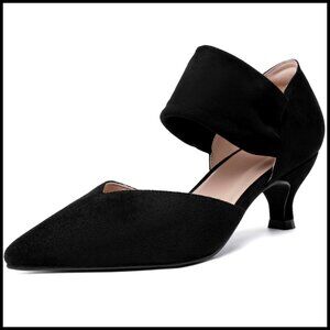 Suede Kitten Heels Elegant Pointed Toe Slip On Pumps Ankle Strap Party Shoes